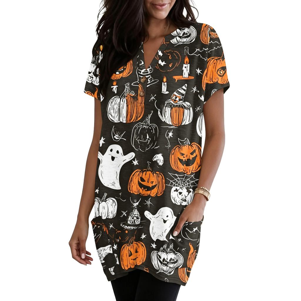 Women’s V Neck Pullover Short Sleeve Top with Halloween Themed Pumpkin and Bat Print Loose Fit Tunic with Pocket Design