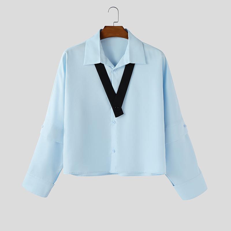 

INCERUN Men Lapel Neck Layer Long Sleeve Buttons Up Casual Loose Shirts Tops 5XL синій