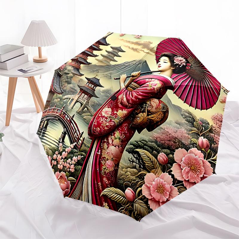 1 ks Deštník Geisha s květy, automaticky skládací - Kompaktní design s 8 žebry, odolný plast a železo, lehký pro venkovní každodenní použití, slavnostní dárek062