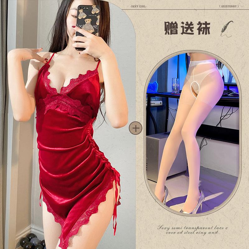 Night listening incense new sexy underwear velvet cross lace-up nightdress backless slit temptation pajamas passion loungewear
