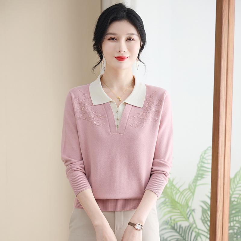 Spring Knitted Top for Middle-Aged & Elderly Women - Turn-Down Collar Loose Pullover Sweater, Casual & Versatile 50s/60s Style