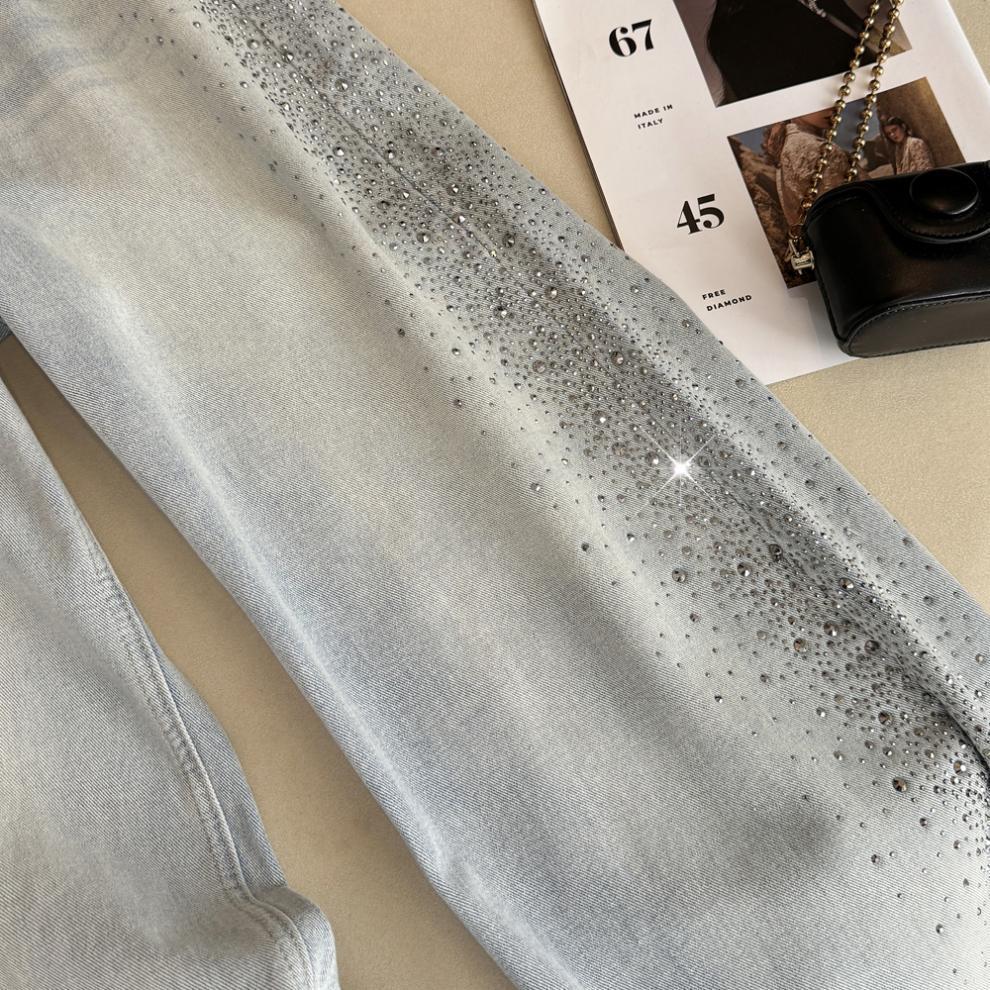 Li Wanjun Korean Style High-Waist Straight Leg Slimming Denim with Large Particle Rhinestones