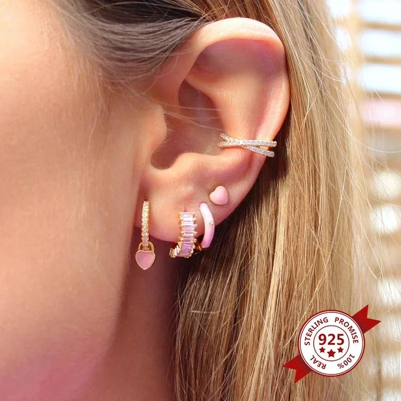 Luxurious Geometry 925 Silver Ear Needle Pink Series Zircon Pendant Hoop Earrings Sweet Fashion Wedding Jewelry Gifts