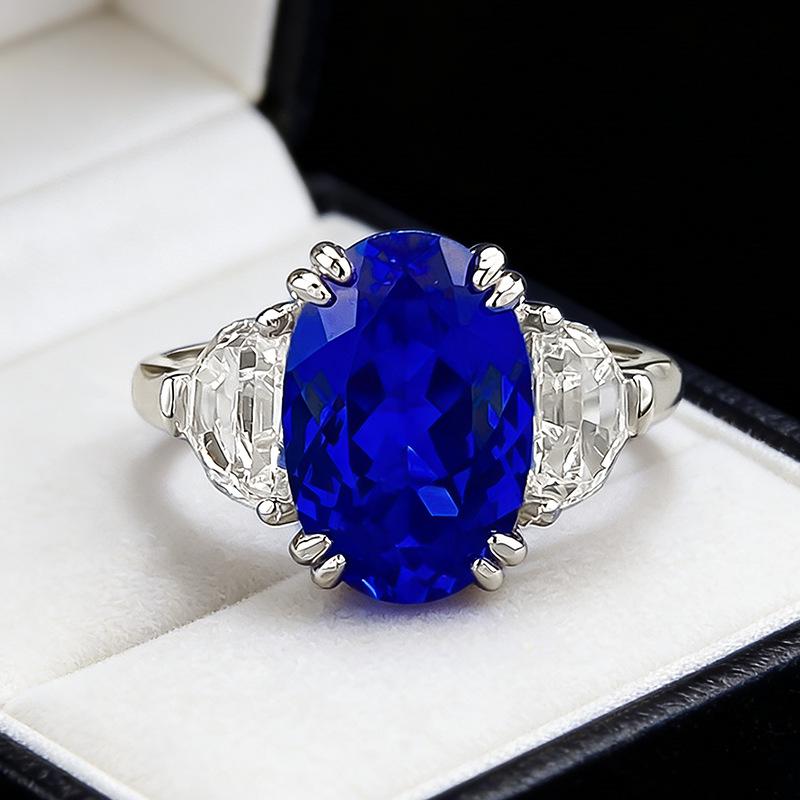 

Luoxi Temple Luxury S925 Silver Three-Stone Oval 8x12mm Cobalt Blue Ring Size 7