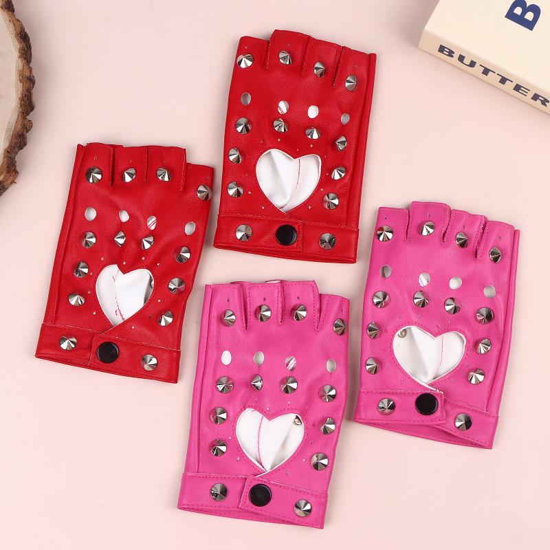 Stage Performance Leather Women Man Half-Finger Rivet Gloves Nightclub Dance Fashion Punk Hip-Hop Half Finger Mittens