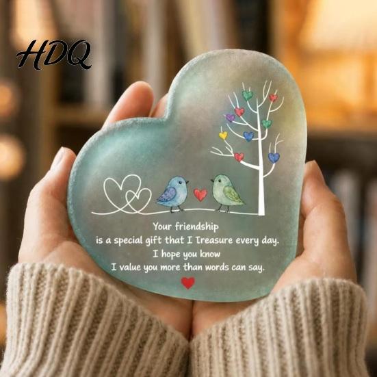 Inspirierendes Schreibtischdekor mit Zitaten Herzform Acryl-Freundschafts-Ornament Gravierter Vers & Vogelbaum, Transparente Desktop-Plakette für Kunst Heim Büro