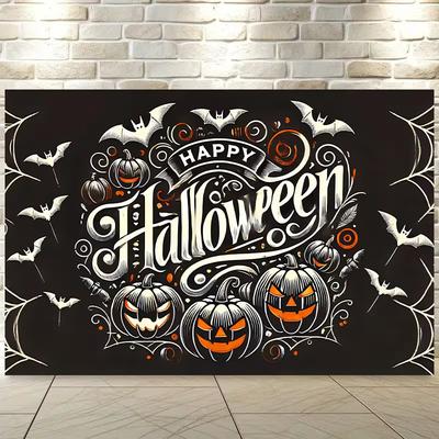 2D Halloween Fotobox Hintergrund, Happy Halloween Schriftzug & Kürbisse Kulisse