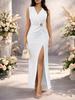 2026 Elegant V-neck Side Slit Pleated Evening Gown with Waist Detail