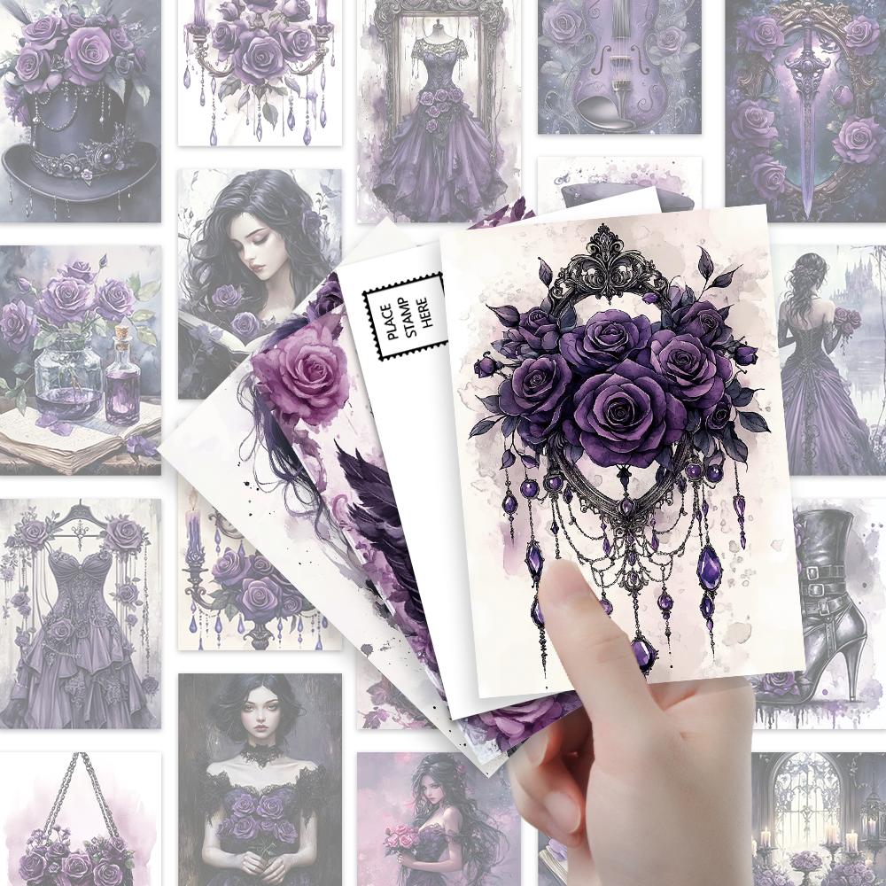 32pcs, purple Gothic-style postcards, roses, girls, birthday/anniversary gifts, collectible, giftable, and mailable