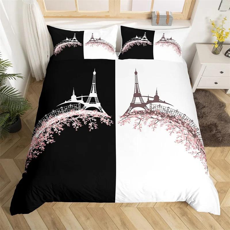 Paris Eiffel Tower Duvet Cover Set Twin King Cherry Blossoms Comforter Cover Microfiber Romantic Theme Bedding Set For Girl Teen
