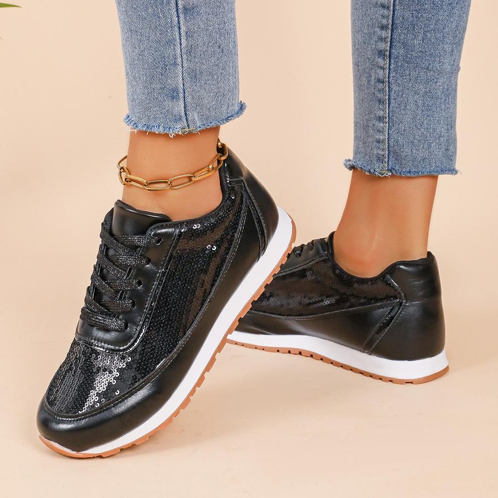 Fashion Women Casual Shoes Fashion Paillette Walking Flat Shoes Sneakers Women Thick-sole Vulcanized Shoes White Female Footwear