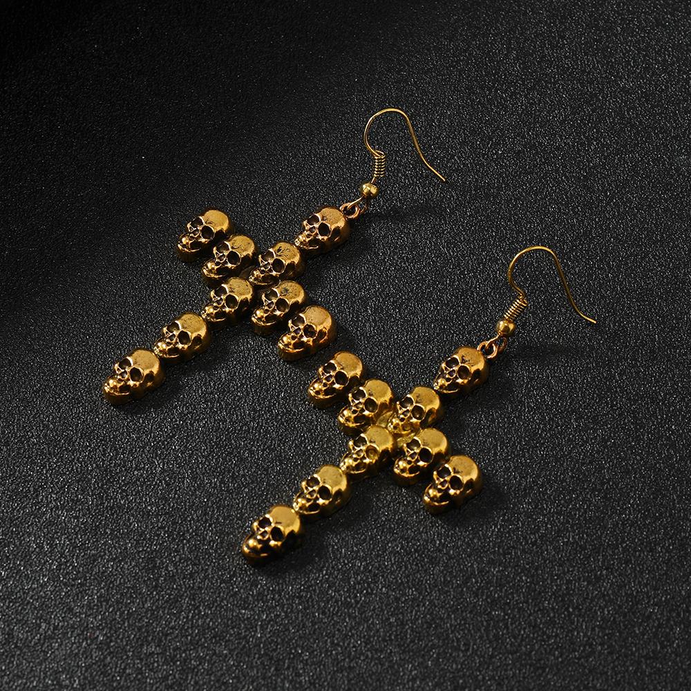 Halloween Jewelry Fashion Punk Vintage Alloy Skull Head Cross Earrings For Women