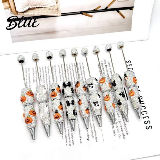 Rhinestone Writing Pen Beadable Pen Glitter Plastic Beaded Halloween Pumpkin Ghost Skull Smooth Gel Ink for DIY Craft Making School Office Supplies