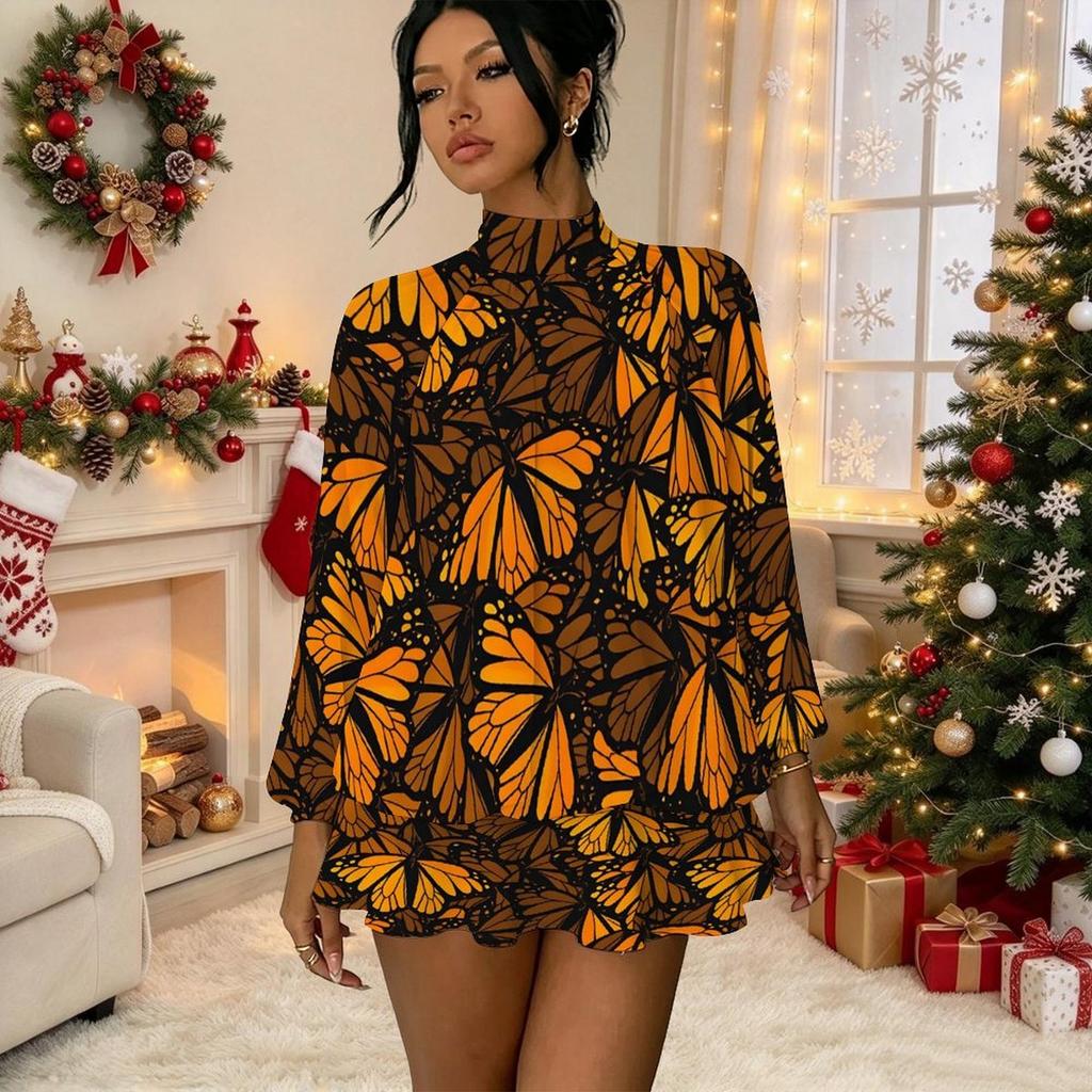 Women's 3D Paisley Pattern Print Mock Neck Long Sleeve Dress, Raglan Sleeve Fake Two Piece Mini Dress