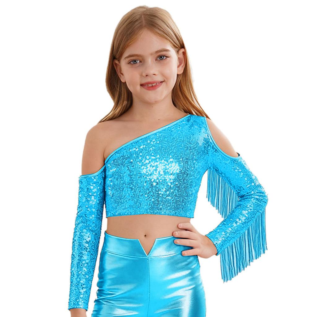 Mädchen Performance Top Ein Schulter Langarm Pailletten Quasten Detail Schönheitswettbewerb Bühne Wettbewerb Crop Top