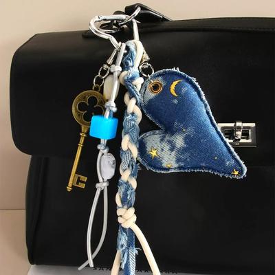 New Product VINTAGE DENIM Love Heart Backpack Pendant Mushroom Lace Key Chain Accessories Braided Rope