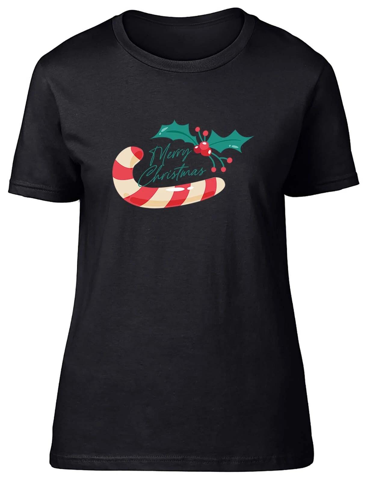 Merry Christmas Candy Cane Xmas Fitted Womens Ladies T Shirt Gift S