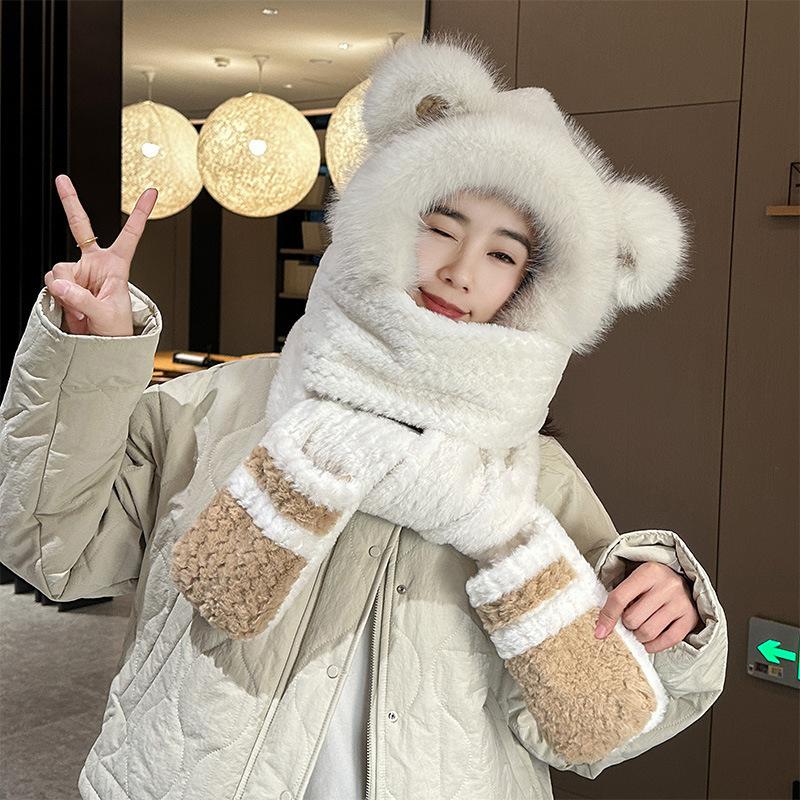 Cute Bear Hat and Scarf for Women's New Style Autumn and Winter Plus Velvet Scarf Cold Warmth Hairy Ear Protection Hat