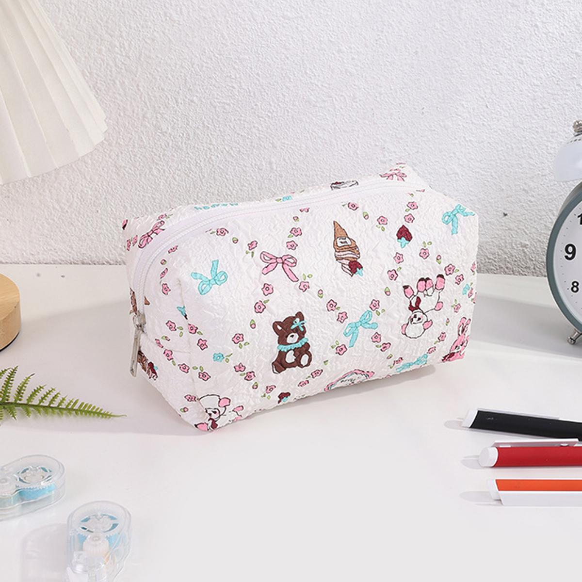 1PC Cute Large Capacity Pencil Case Floral Bow Print Portable Stationery Storage Pouch Zipper Pen Bag School Supplies Gift белый