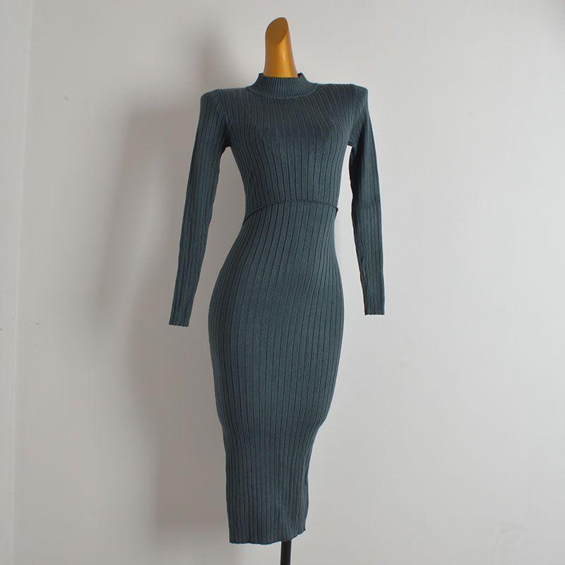 

French Simplicity New Arrival Sexy Stand Collar Sunken Stripe Fake Two Knitting Dress Female Fall/Winter Slim Slit Sheath Skirt Image color XL