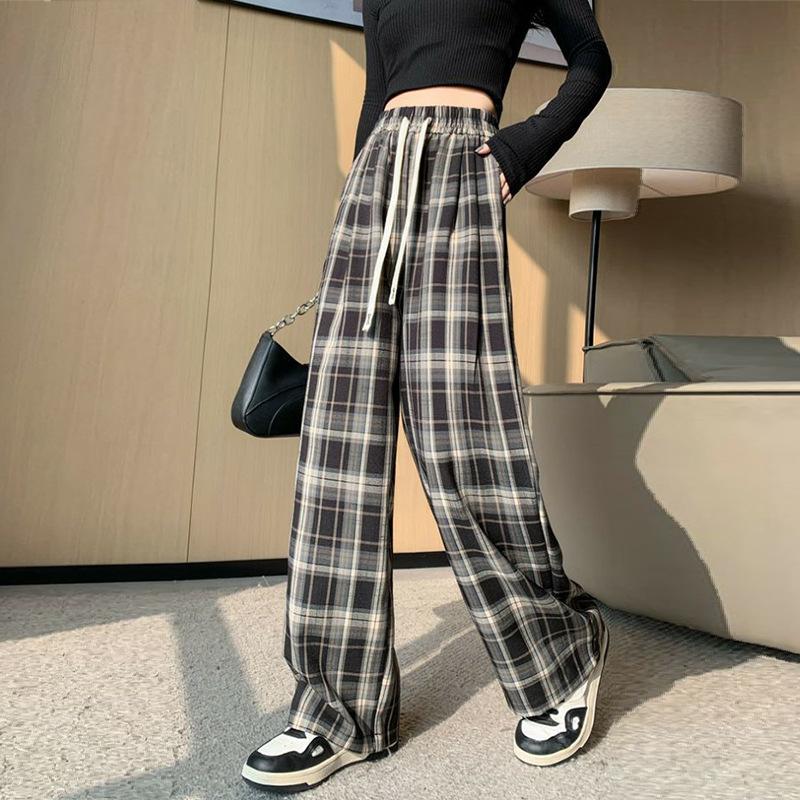 Women's Fashion Temperament Checkered Print Loose Casual Elastic Waist Straight Pants Tide Pant