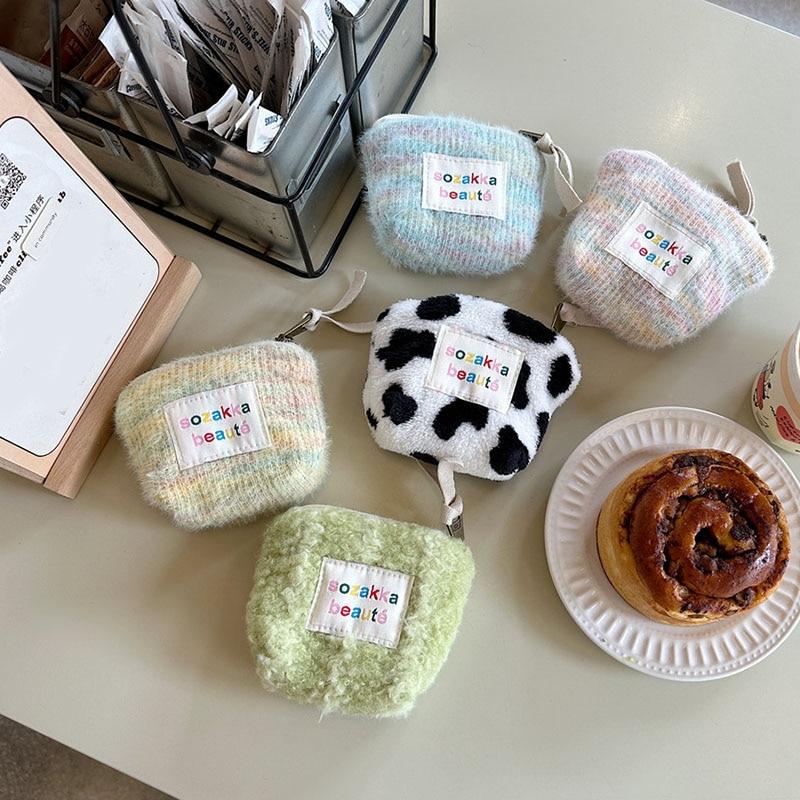 Stripes Plush Coin Purse Kawaii Cute Key Money Card Case Bags Small Coin Bags for Women Boys Girls Gift Mini Handbag