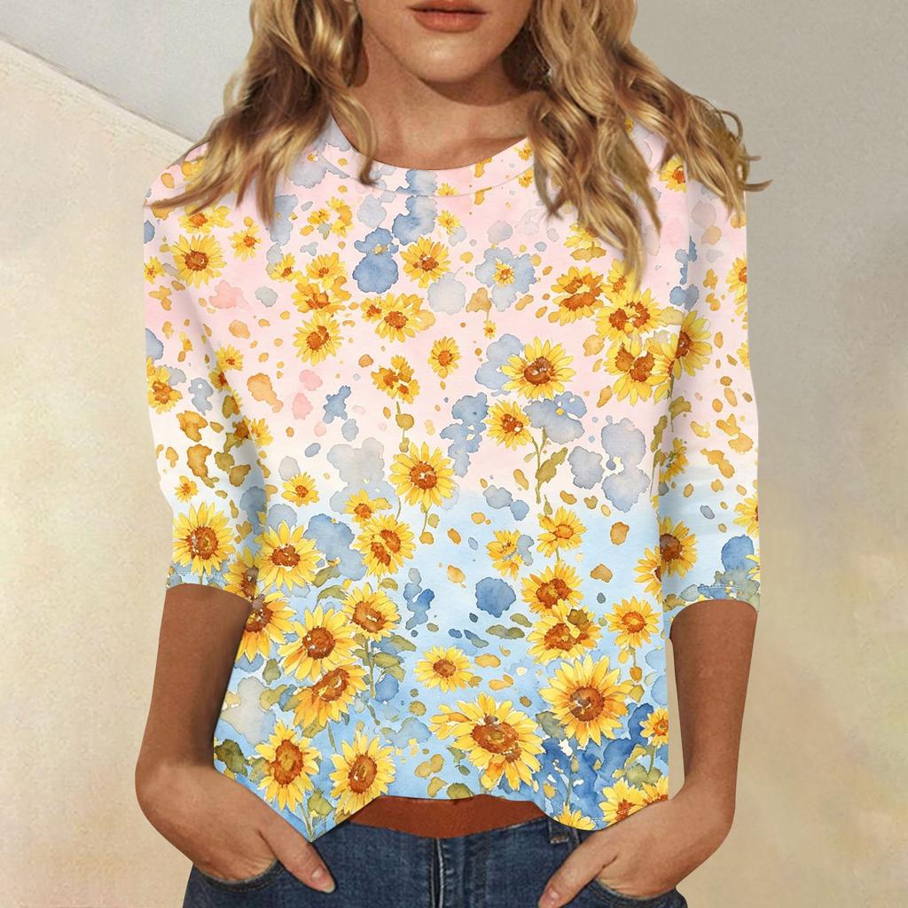 Women's Casual 3/4 Sleeve Floral Print Round Neck Top Lightweight Comfortable Fit Soft Fabric Blouse for Everyday Wear