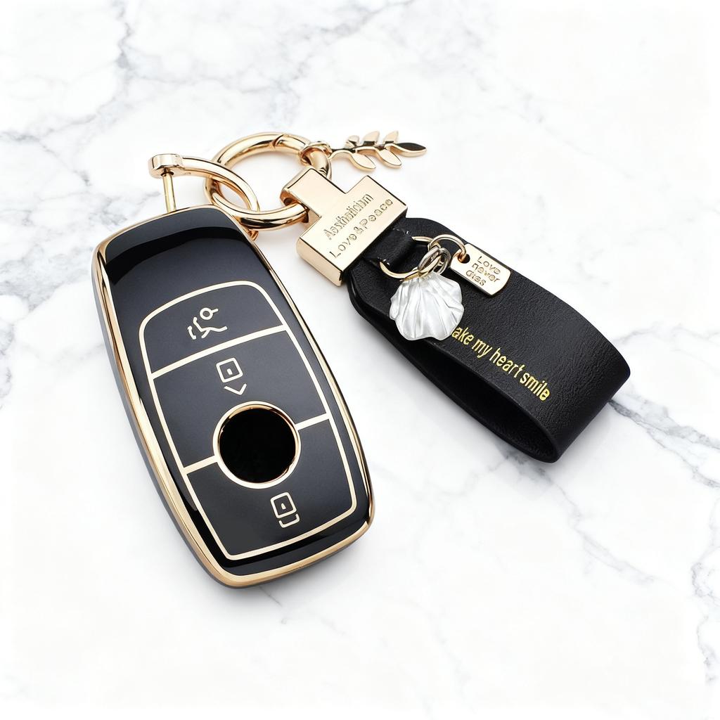 Car Key Case for Mercedes Benz S E Class GLC GLS GLB CLE CLA AMG - Soft TPU Golden Key Fob Cover for W177 W205 W213 W222 X167