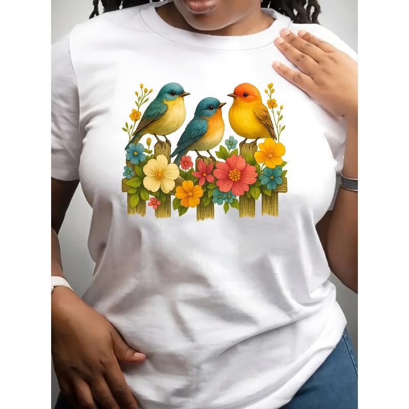 

Womens Casual Short Sleeve T Shirt European Size Colorful Bird Floral Print Round Neck Stretchy Fabric Spring Summer Fall Daily Top 4XL білий