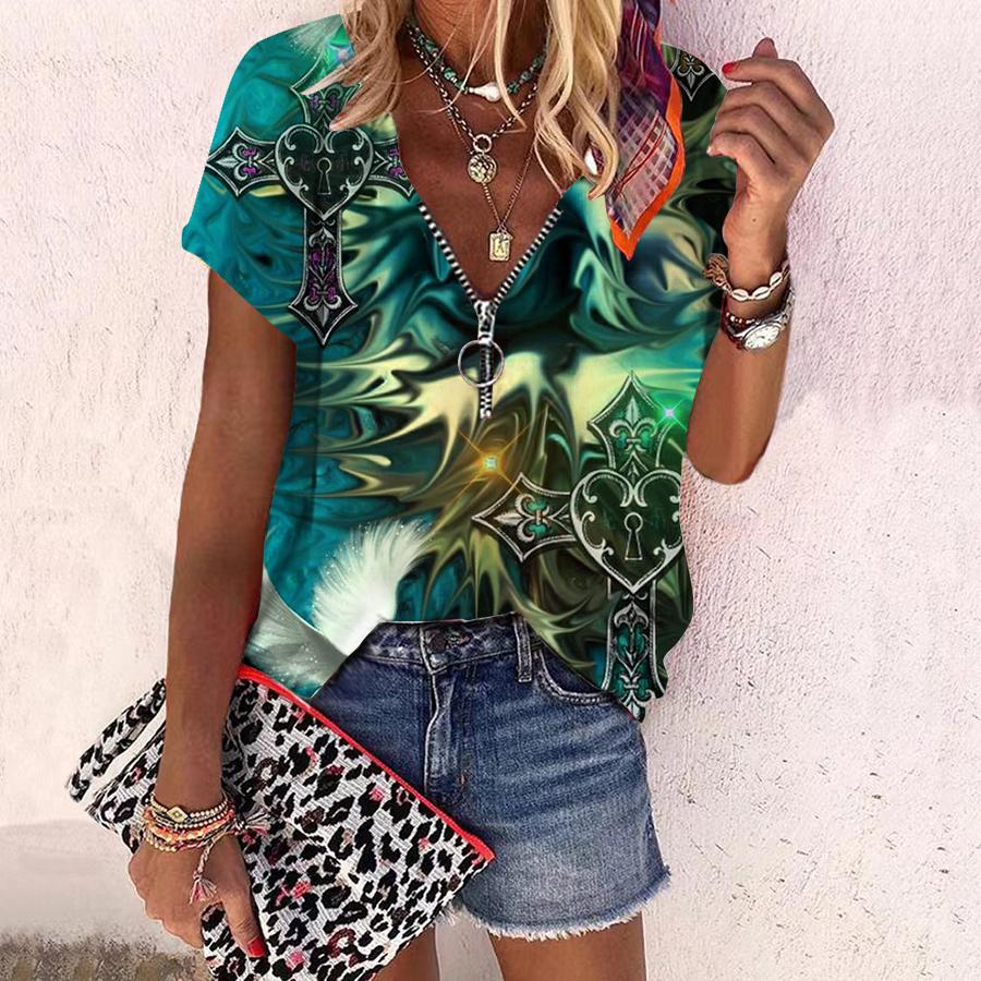 Dámský top Léto Nová móda Růže Květ Ostružina Růže Tištěná Neformální Top Výstřih do V Krátký rukáv