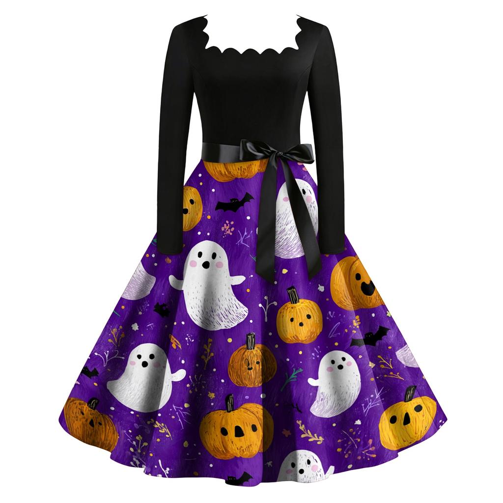 Vintage Long Sleeve Square Neck Halloween Party Dress with Printed Skirt and Waist Tie Retro Style Midi Dress for Women