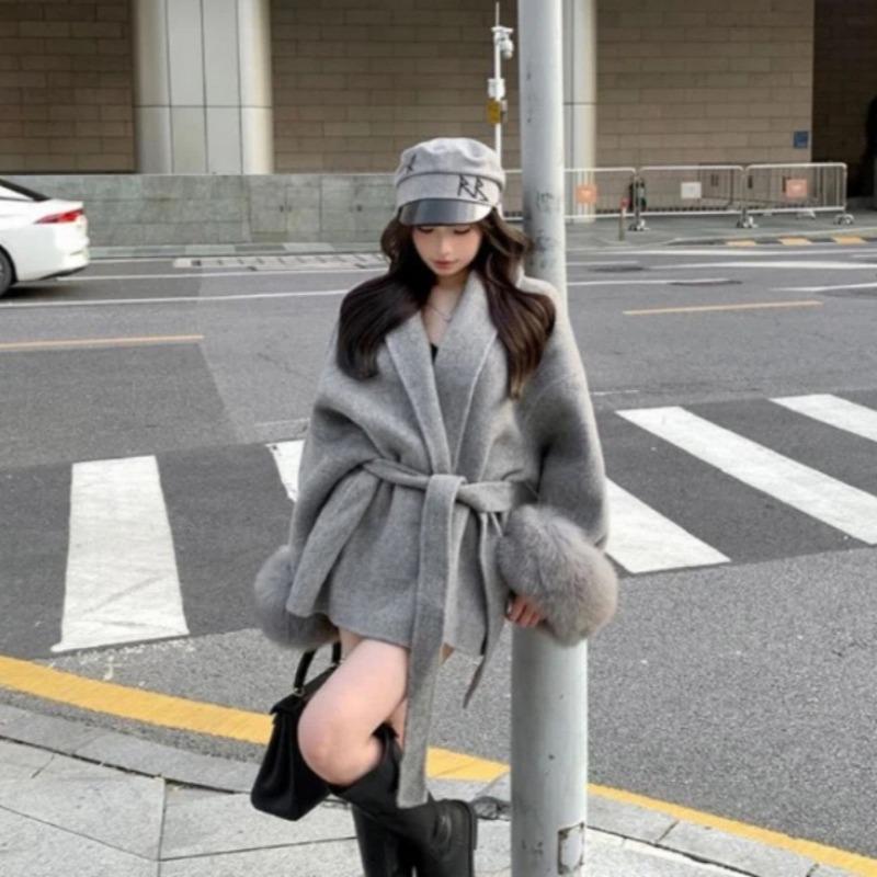 Fashion Coats for Women Patchwork Furry Long Sleeve Bandage Outwear Korean Y2k Clothing Korean Temperament Solid Color Jackets