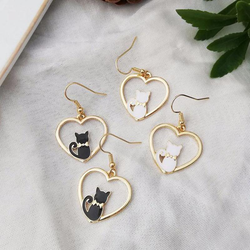 New Fashion Cute Cat Dangle Earrings For Women Hollow Heart Shape Sweet Flowers Crystal Drop Earring Girl Party Jewelry Gifts