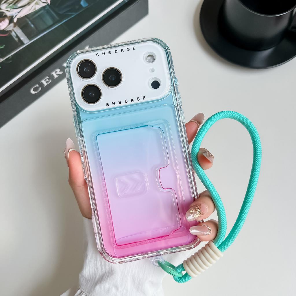 For iPhone 17 Pro Max Case Card Holder Gradient Color PC+TPU Phone Back Cover with Lens Film/Wrist Strap