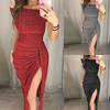 Women Bag Hip Off Shoulder High Slit One-Line Dress Short Sleeve Dresses
