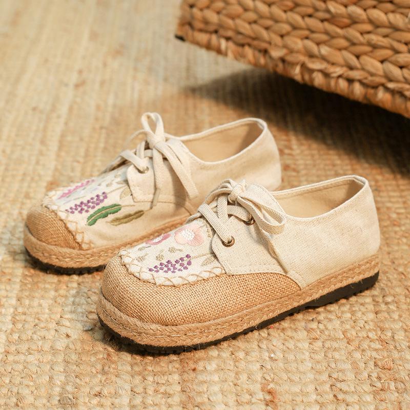 

New laceup women s casual shoes summer breathable cotton and linen embroidered shoes TPR slipresistant bottom medium heel single shoes 40 бежевий