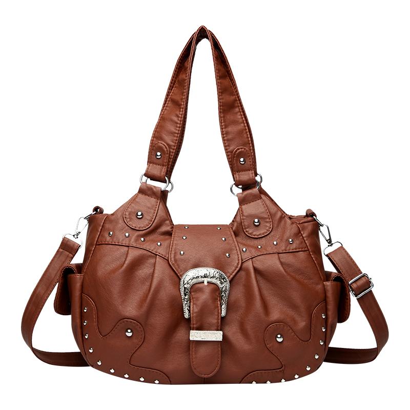 

Stylish Leather Handbag with Silver Studs and Metal Buckle Women High Capacity Vintage Soft Leather Ladies Casual Shoulder Crossbody Bag Travel 32.5cm×11cm×29cm светло-коричневого