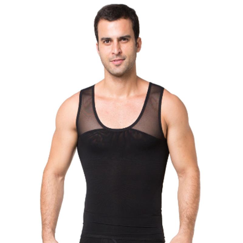 Men's Breathable Chest Compression Vest Bodysuit Gynecomastia Body Shaper Slimming Waist Control Tummy Trimmer Mesh Tops Nylon
