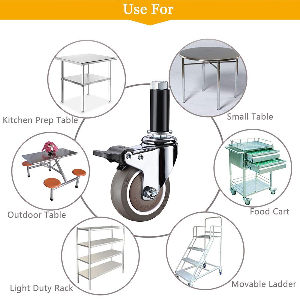 4 bucăți roți extensibile, roți din cauciuc TPE rulment cu bile încorporat pentru mesele de pregătire pentru bucătărie comercială cu tub rotund de 22-28 mm