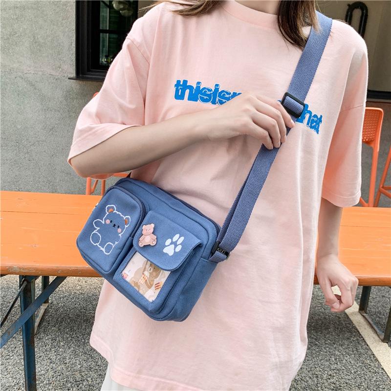 Fashion Canvas Small Bag Japanese Ins Women Shoulder Bag Cute Funny Personality Embroidery Bear Teenager Girl Student Transparent Messenger Bag