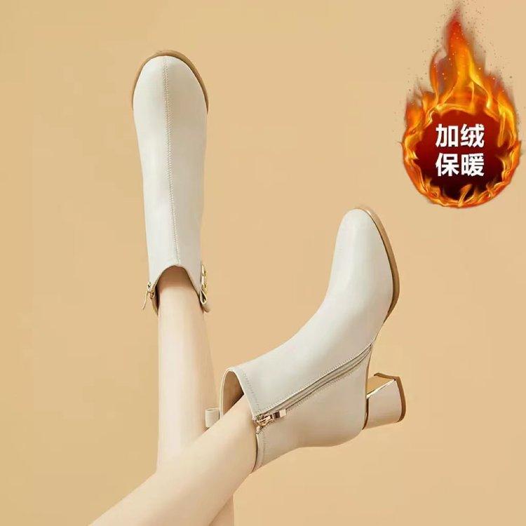 Stivaletti Corti con Tacco Alto Spesso Stile Britannico per Donna2025Nuovi Scarponcini in Cotone Foderati in Pile Stile Coreano alla Moda in Pelle da Donna
