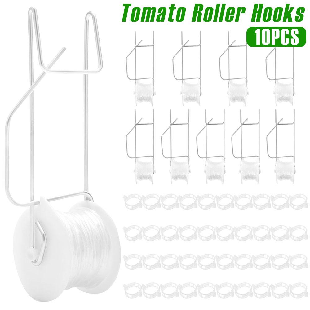 10 Pièces Crochets à Roulettes pour Tomates Solides Kit de Treillage pour Plantes à Fleurs et Légumes avec Corde de 15m Corde Polyvalente Crochets à Roulettes pour Treillage de Plantes