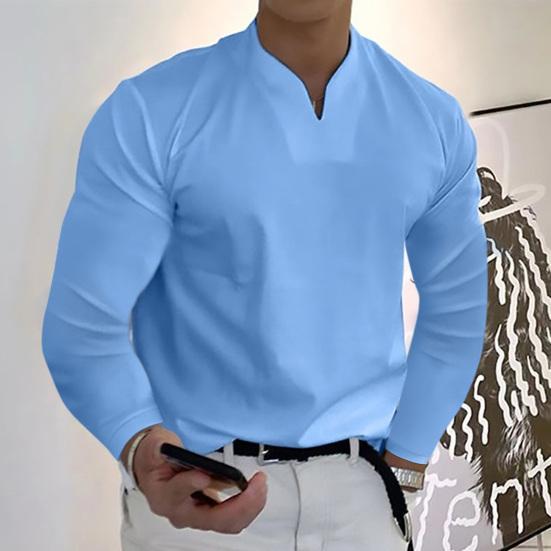 Men Tops Solid Color Slim Fit Long Sleeves Pullover Colorfast V Neck Casual Plus Size Autumn Shirt Men Clothes