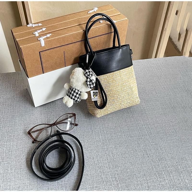 Summer Straw Beach Bag Retro Patchwork Brown Raffia Bag Tote Designer Women Crossbody Bucket Bag Color Blocking Long Shoulderbag