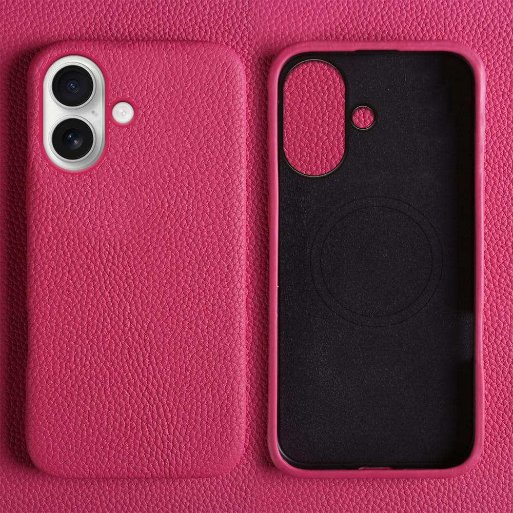For iPhone 17 Case Compatible with MagSafe Litchi Texture Genuine Cow Leather + PC Phone Cover