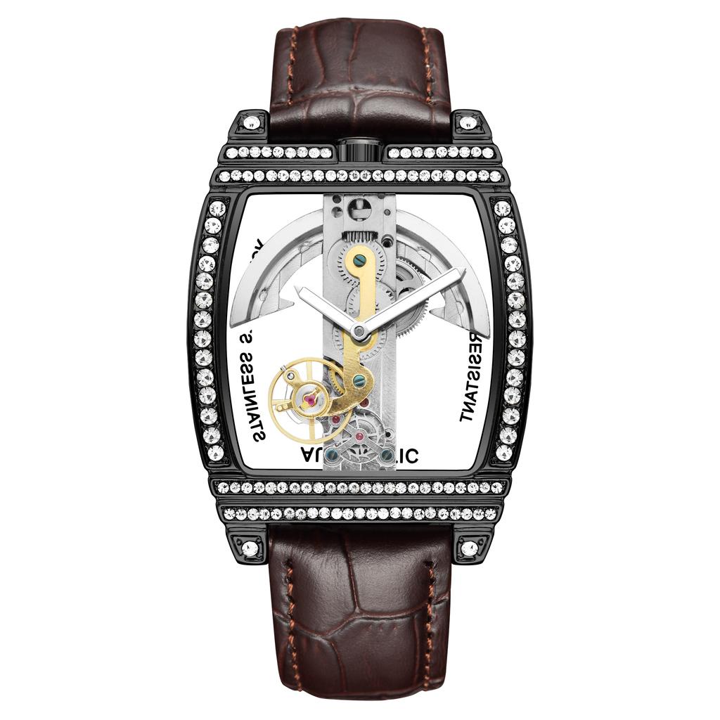 Reloj Mecánico Automático Transparente Hombre Steampunk Esqueleto Engranaje de Lujo Cuerda Automática Cuero Relojes de Hombre Montre Homme
