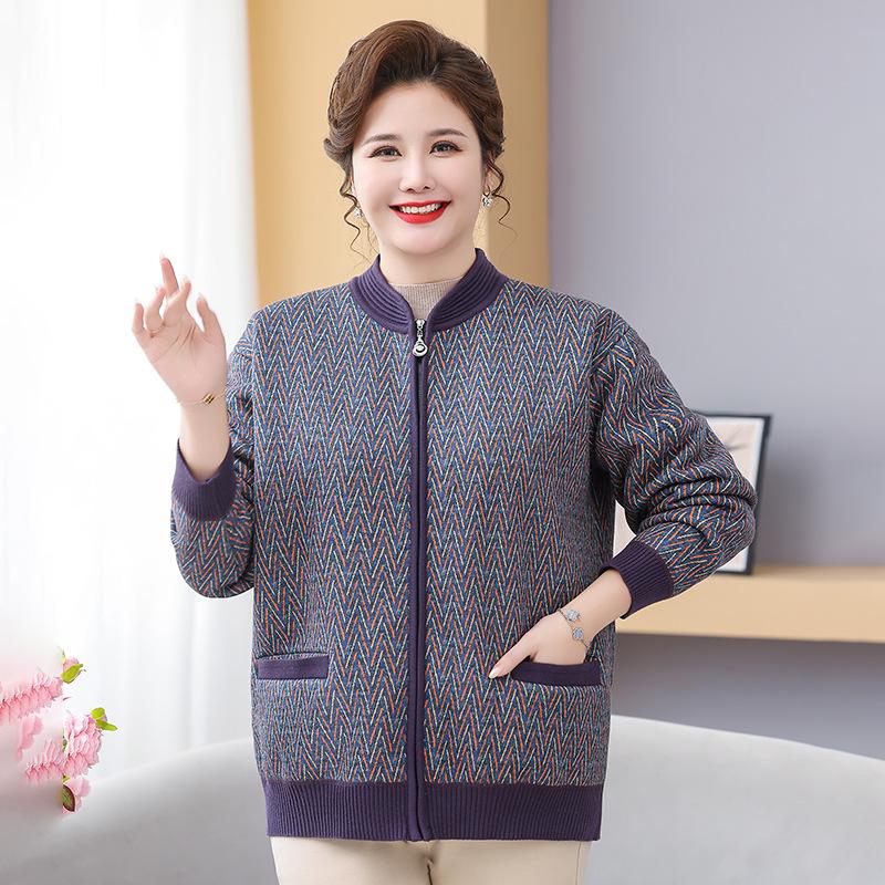 Fat Mama Plus Size Fleece-Lined Cardigan: Warm Autumn Winter Sweater for Middle-Aged & Elderly Women