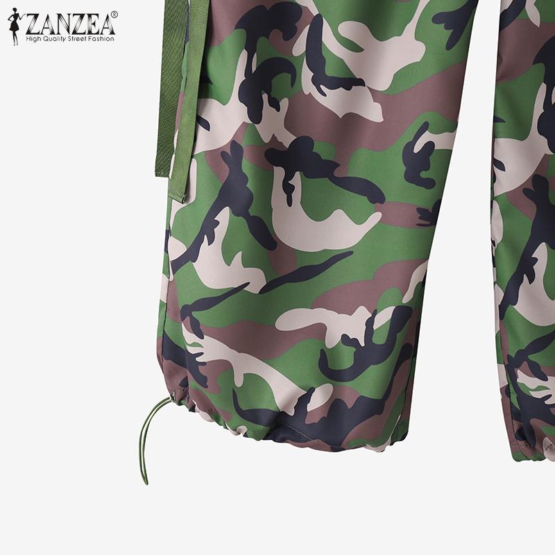 ZANZEA Women Casual Elastic Waist Loose Camouflage Print Cargo Pants