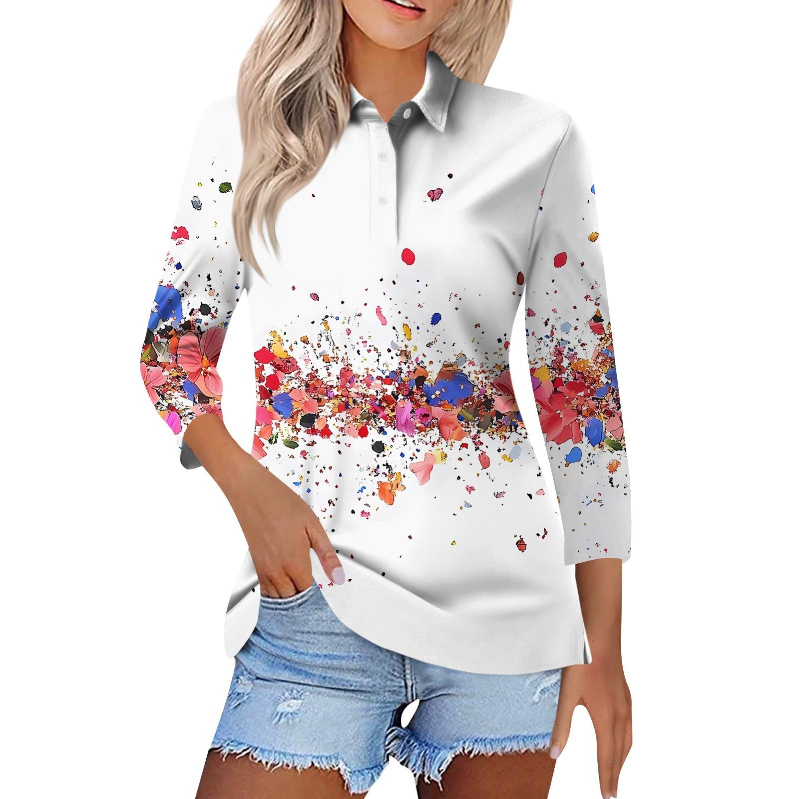

Women s Fashion Casual Lapel Short 3/4 Sleeve Printed Shirt Women s Button Up Tops XXXL