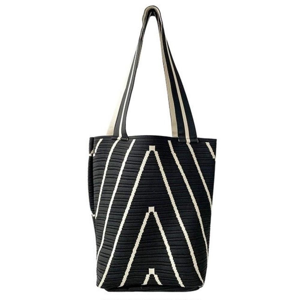 

Large Capacity Triangle Wave Shoulder Bag Striped Pattern Open Tote Bag Knitted Underarm Bag Girls чёрный